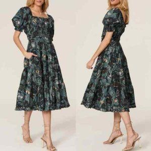 Ulla Johnson Iliana Rainforest Floral Short Puff Sleeves Midi Poplin Dress